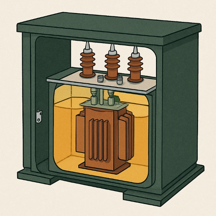 A cross-section of a pad-mounted transformer showing the outer steel shell and the internal oil-filled tank without complex technical labels. A cross-section of a pad-mounted transformer showing the outer steel shell and the internal oil-filled tank without complex technical labels.